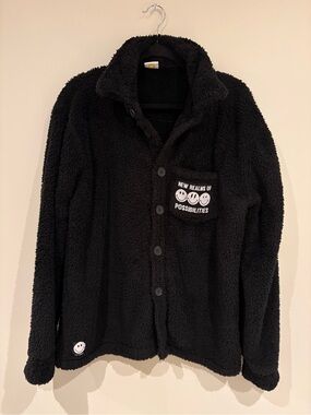 Black Sherpa Button-Front Cardigan with Smiley Pocket